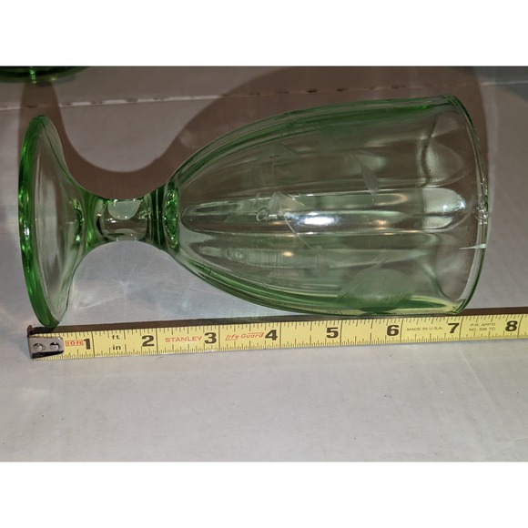 Vintage 7" Uranium Vaseline Glass Water Goblet Etched Flowers Pedestal Flaw - Picture 8 of 9